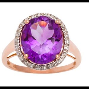 🍇WOW!!! Viducci 10k Yellow Gold Oval Amethyst & 1/6ct TDW Diamond Halo Ring
